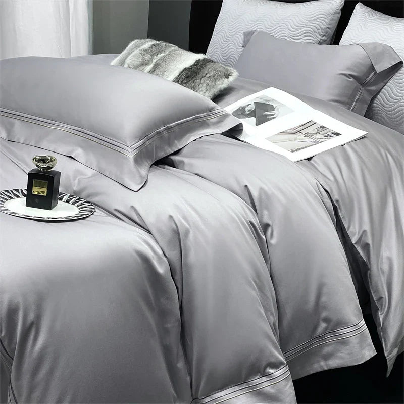 Afralia™ Luxury Egyptian Cotton Embroidery Bedding Set - Soft & Silky Pearl White