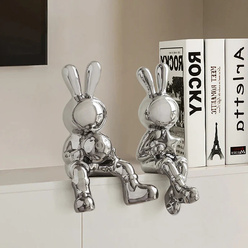 Afralia™ Electroplated Rabbit Sculpture Set, Home Office Decor, Living Room Animal Statue