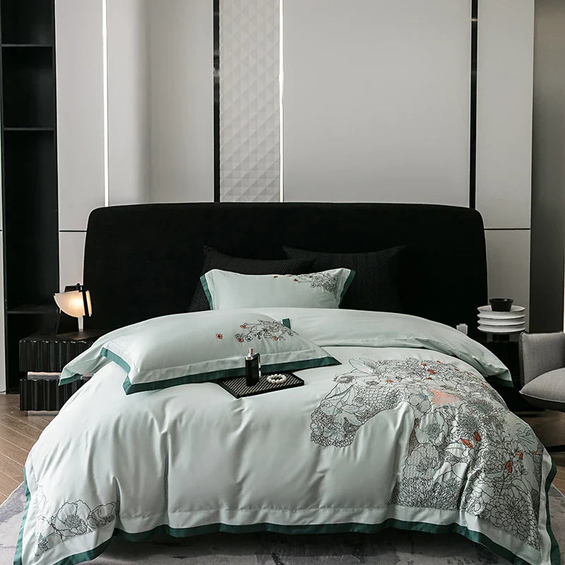 Afralia™ Cotton Flowers Horse Embroidery Luxury Bedding Set - Duvet Cover, Bed Sheet, Pillowcases