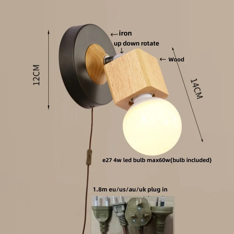 Afralia™ Nordic Wood Iron LED Wall Lamps - Up Down Rotate Hallway Bathroom Plug In