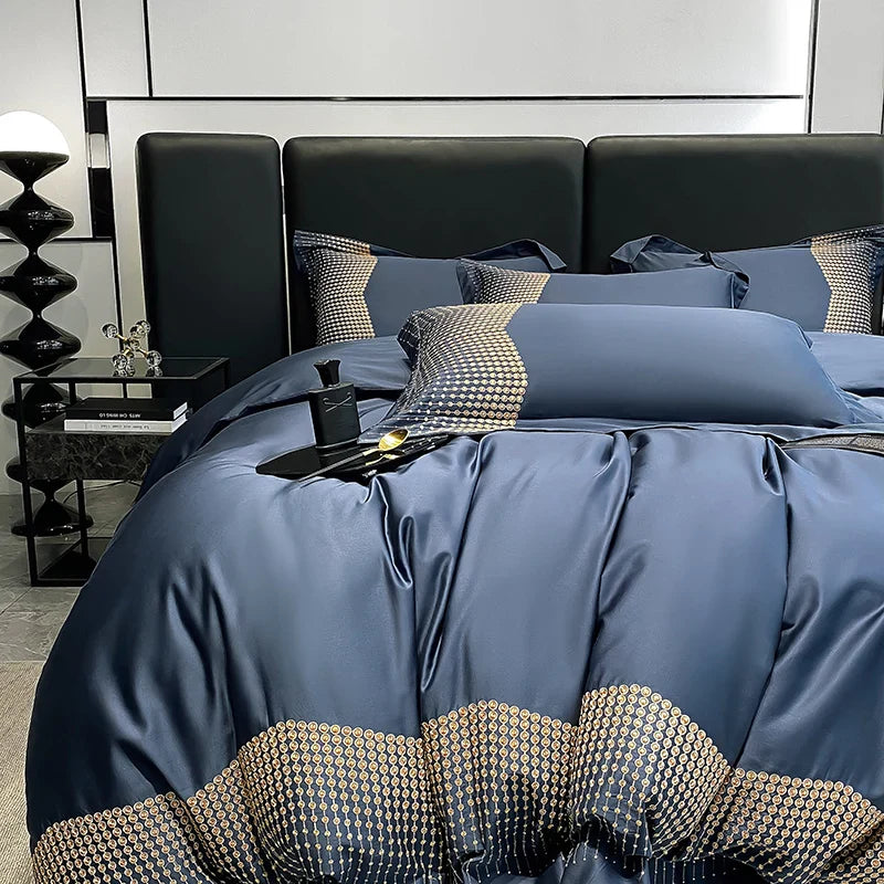 Afralia™ 1000TC Cotton Embroidery Luxury Bedding Set in Blue White Champagne