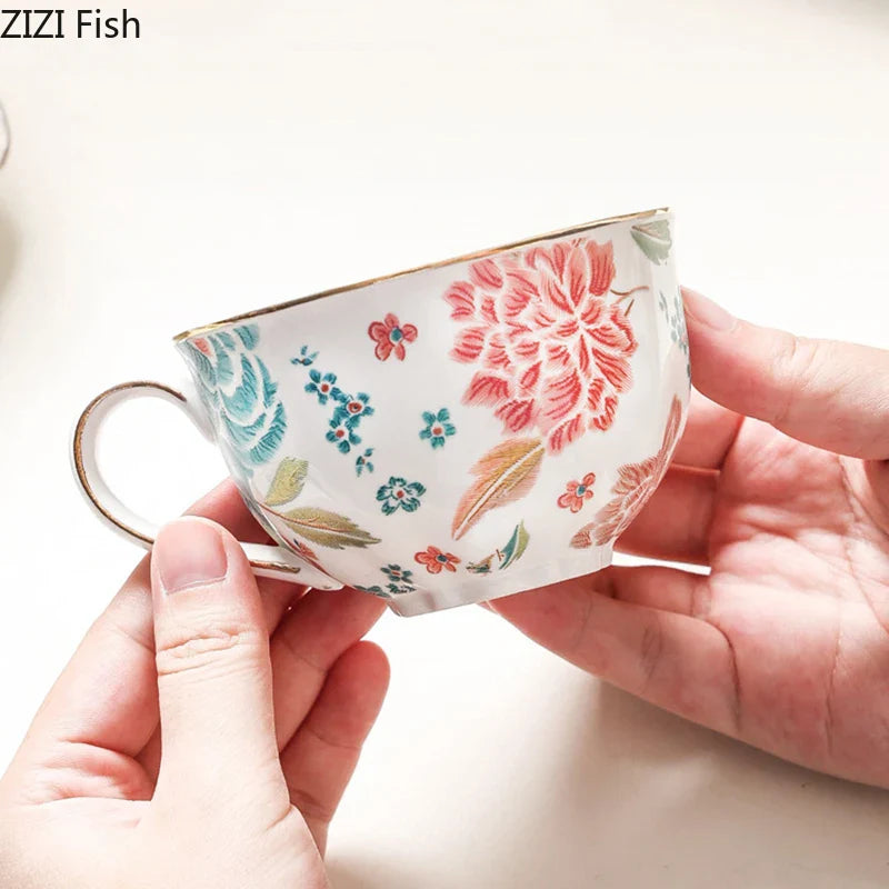 Afralia™ Painted Floral Teacup with Golden Edge - Porcelain Mug for Coffee and Tea