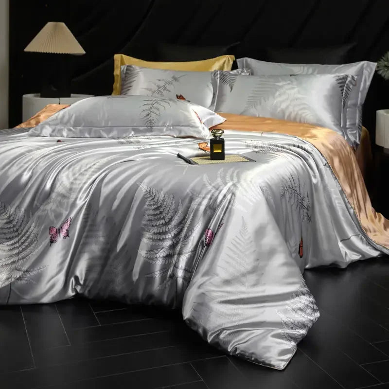 Afralia™ Mulberry Silk Cooling Bedding Set - 3D Printed Satin Fitted Sheet & Quilt Cover
