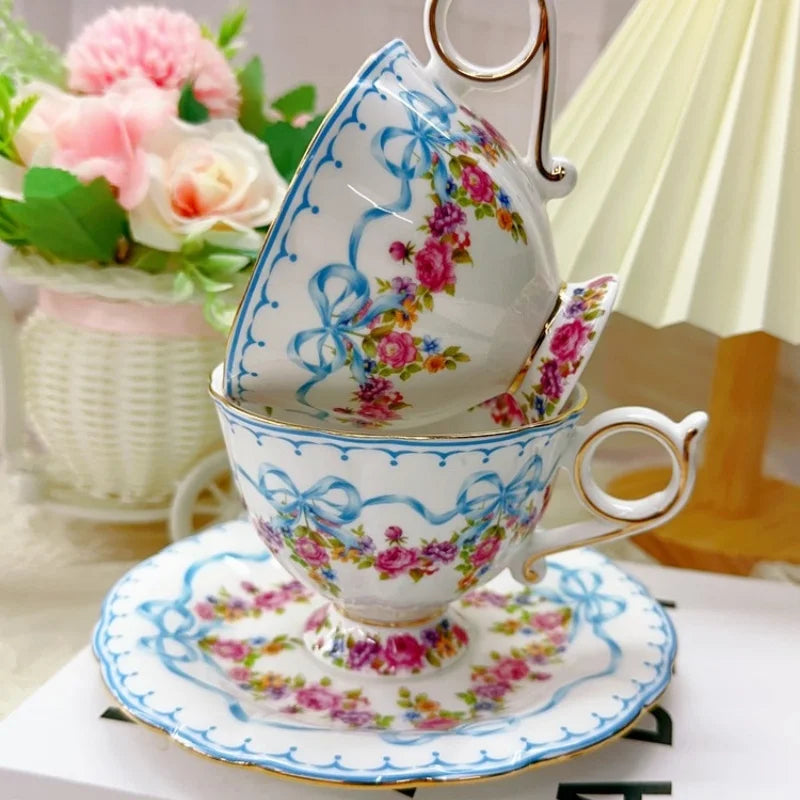 Afralia™ Tea & Coffee Set: Retro Pot, Cup, Saucer, Bow Pot, and Cup Set for Home Kitchen