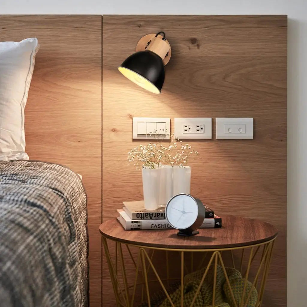 Afralia™ Nordic Wooden Wall Lamp Bedside Light for Bedroom Living Room E27 Macaroon Style
