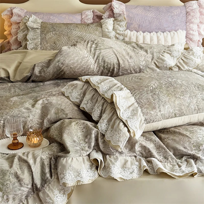 Afralia™ Purple Vintage Lace Ruffles Bedding Set with Egyptian Cotton Duvet Cover