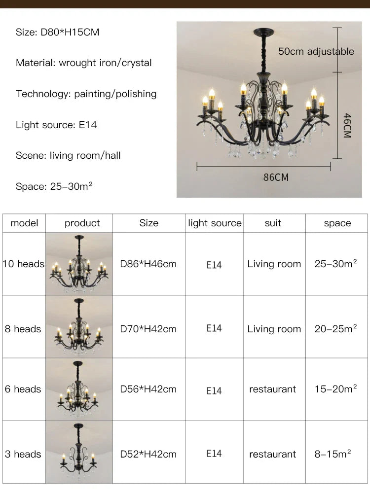 Afralia™ Black Wrought Iron Crystal Chandelier for Living & Dining Room - Elegance meets Style