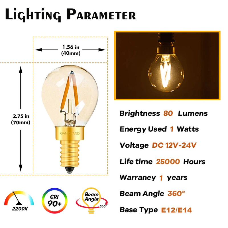 Afralia™ Gold-Tinted Glass LED Filament Bulb, 1W, Warm White (2200K) for Solar Battery Camping