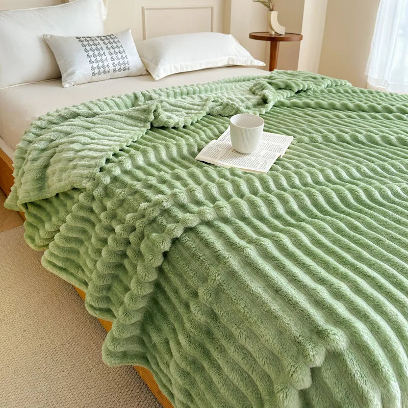 Afralia™ Faux Rabbit Plush Striped Blanket: Nordic Coral Velvet Carpet for Napping & Quilting.
