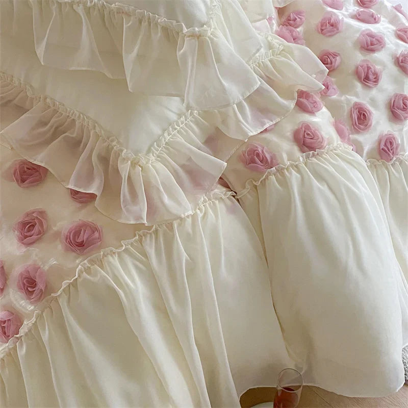 Afralia™ Romantic Rose Lace Bedding Set: Duvet Cover, Sheet, Pillowcases, Ruffles
