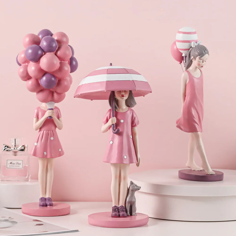 Afralia™ Nordic Pink Balloon Girl Figurines: Sweet Room Decor & Dressing Table Crafts