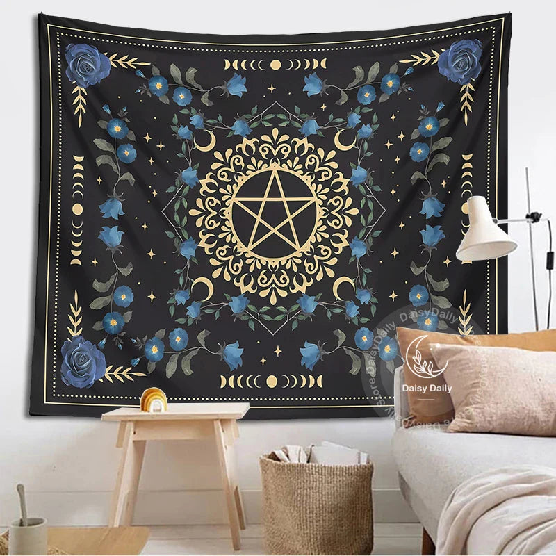 Afralia™ Blue Rose Moon Floral Tapestry Wall Hanging Botanical Tarot Mat