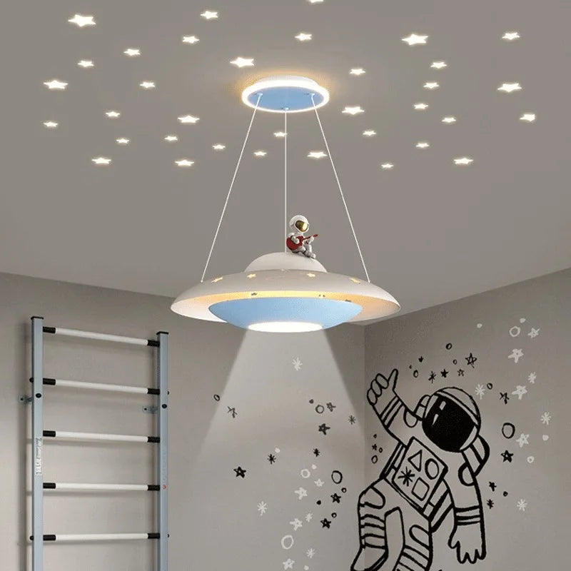 Afralia™ Cartoon Astronaut Chandelier UFO Ceiling Lamp for Kids Girl Boy Bedroom