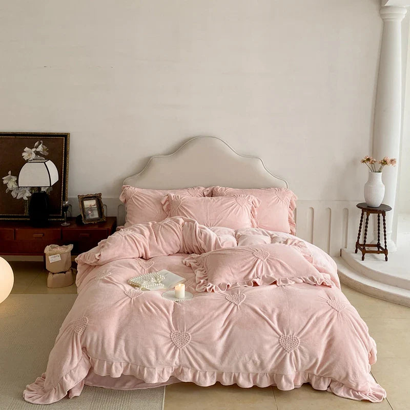 Afralia™ Velvet Ruffles Winter Bedding Set: Plush & Warm Heart Twisted Flowers Theme