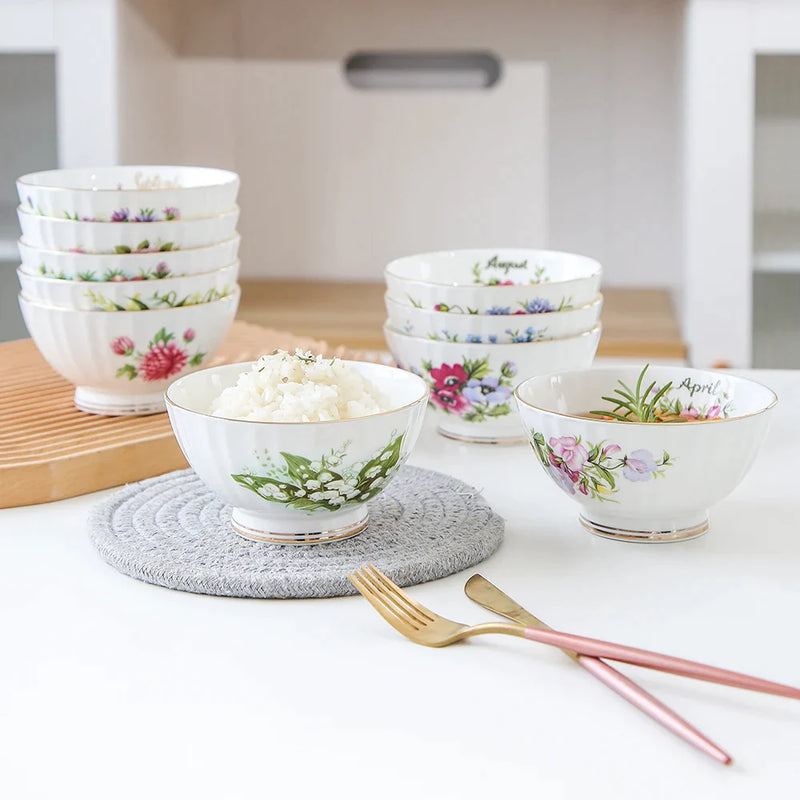 Afralia™ Month Flowers Porcelain Food Bowls with Gold Line - Set of 4