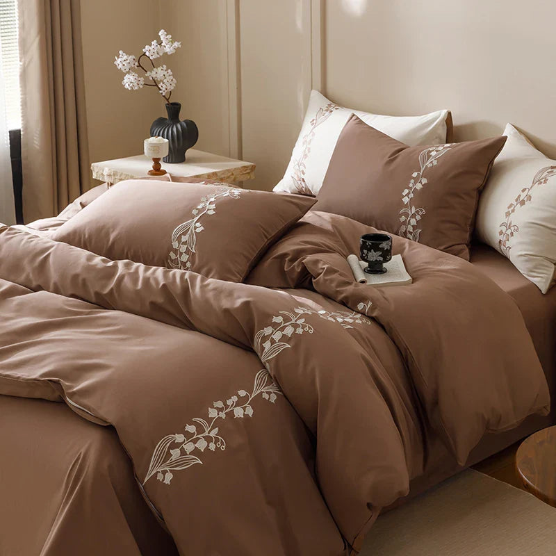Afralia™ Elegant Lily of the Valley Embroidery Brown Cotton Bedding Set