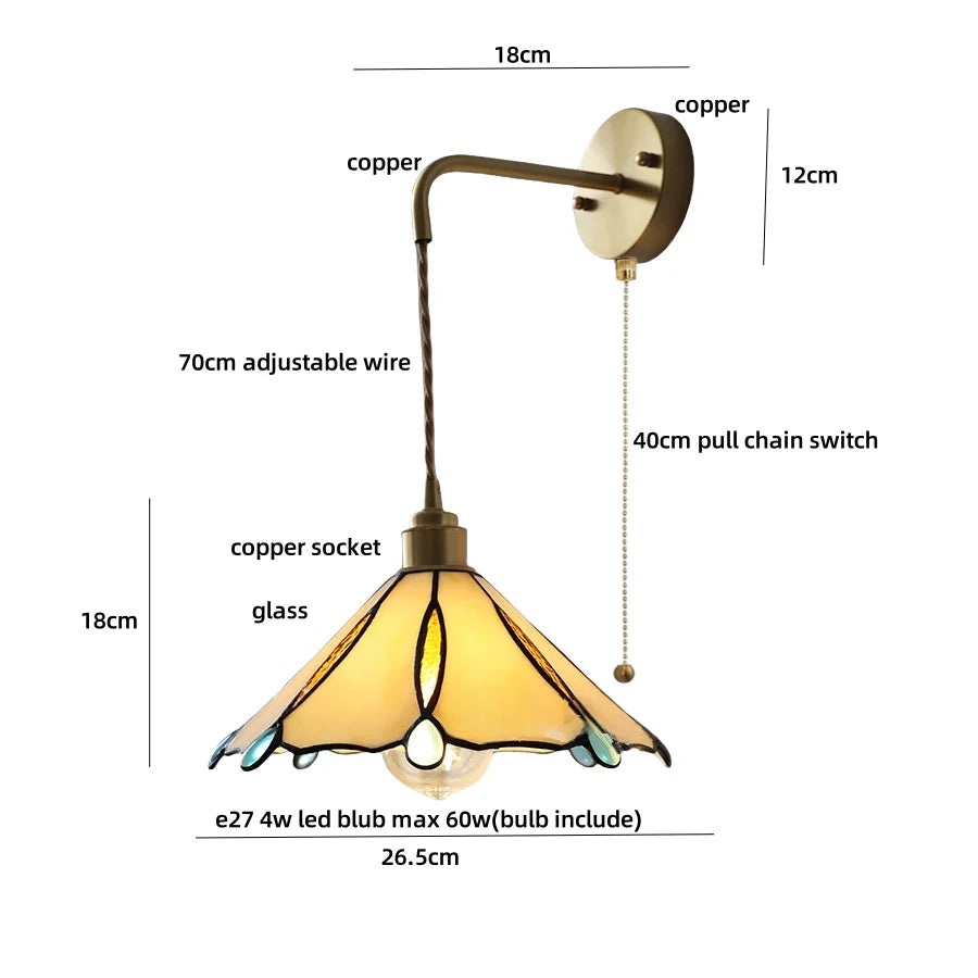 Afralia™ Tiffany Yellow Glass Wall Light Sconce with Pull Chain - Bedroom Balcony LED Fixture