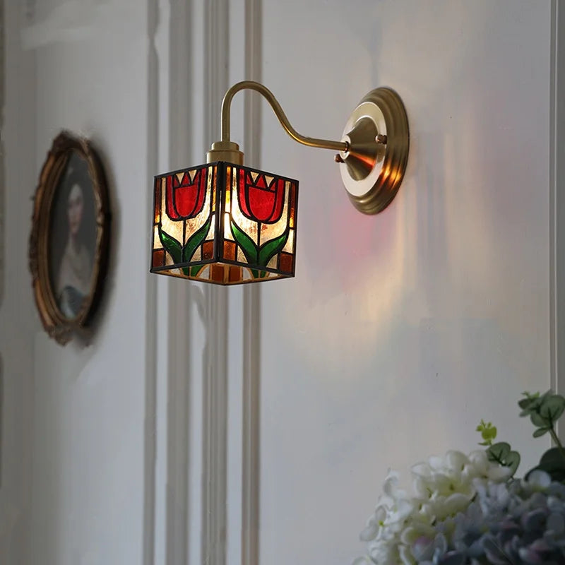 Afralia™ Cube LED Wall Sconce Copper Glass Retro Vintage Light E27 Mirrored Vanity