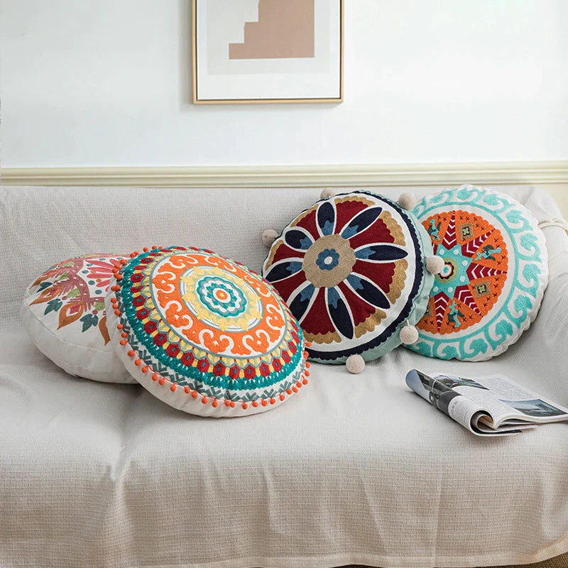 Afralia™ Round Embroidered Tassel Pillow Cover | Boho National Style Decorative Cushion Case