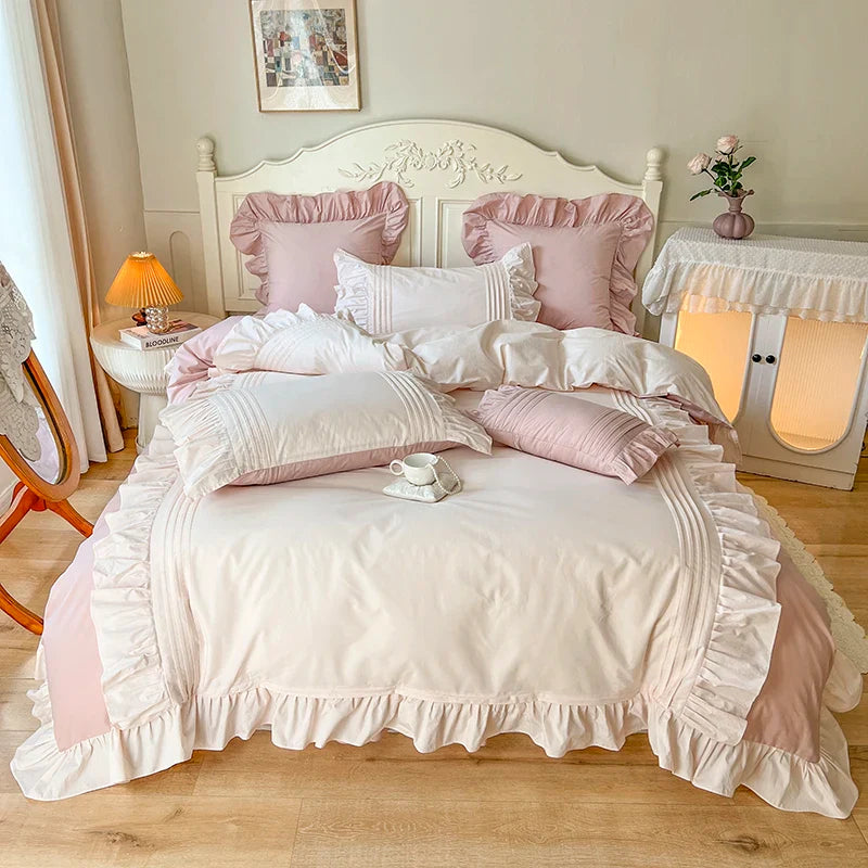 Afralia™ Pink Korean Princess Pleat Ruffles Cotton Bedding Set - 3/4Pcs