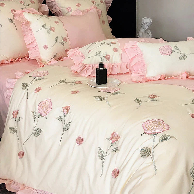 Afralia™ Vintage Pink Red Rose Flowers Embroidery Bedding Set with Ruffles