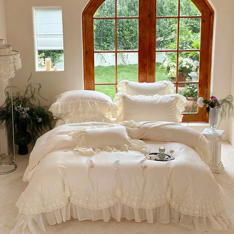 Afralia™ Princess Wedding Luxury Bedding Set 1200TC Egyptian Cotton Lace Ruffles Flowers Embroidery