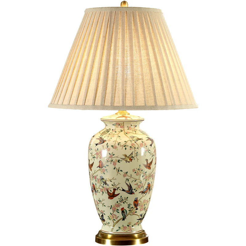 Afralia™ Ceramic Bird Flower Table Lamp | Vintage Country Bedroom Study Retro Lighting