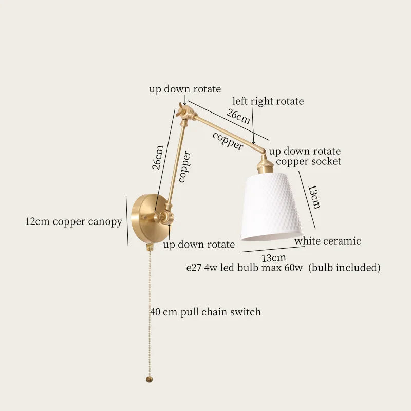 Afralia™ Ceramic LED Wall Lamp, Pull Chain Switch, Nordic Copper, Small Size