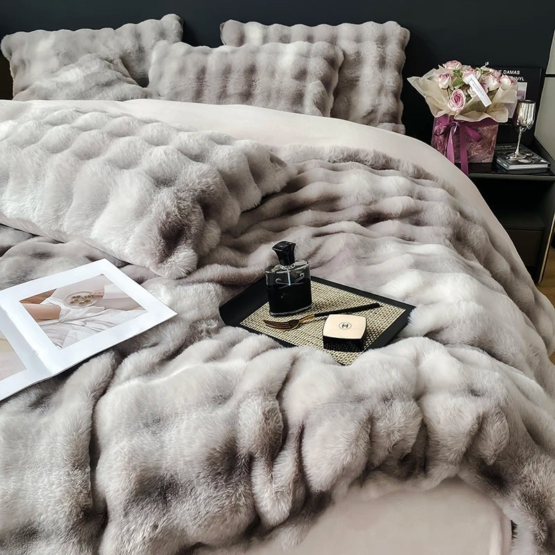 Afralia™ Gradient Faux Rabbit Fur Bedding Set - Warm Luxury Plush Duvet Cover & Quilt Sets