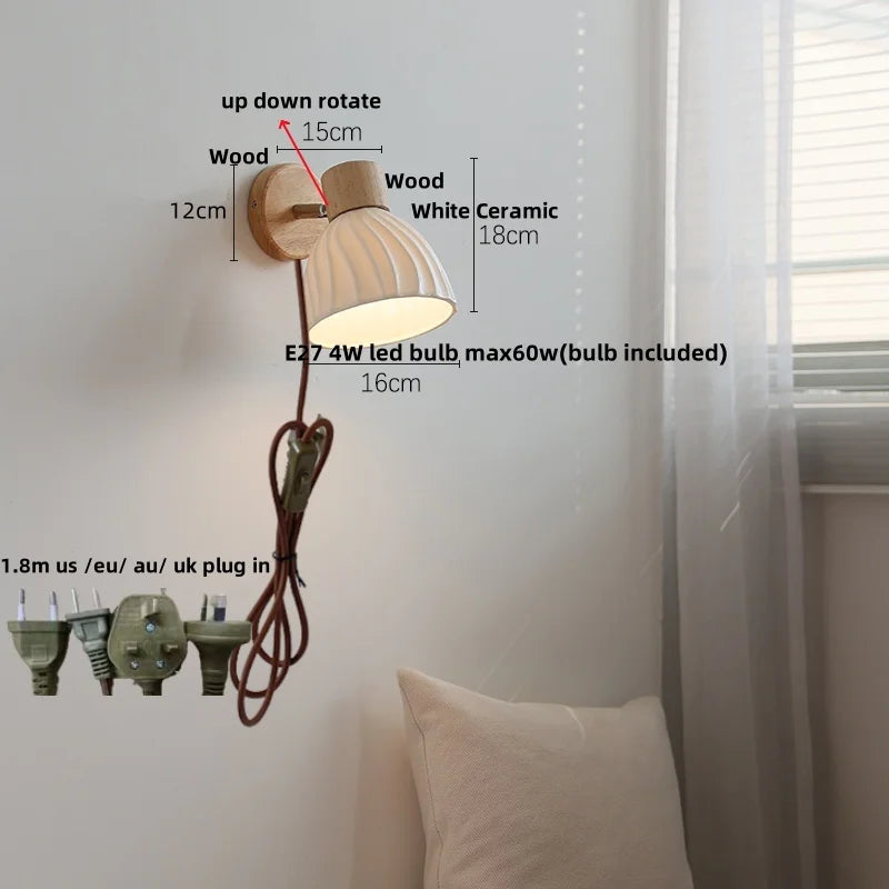 Afralia™ White Ceramic Wood LED Wall Light Fixture Pull Chain Switch Bedside Lamp
