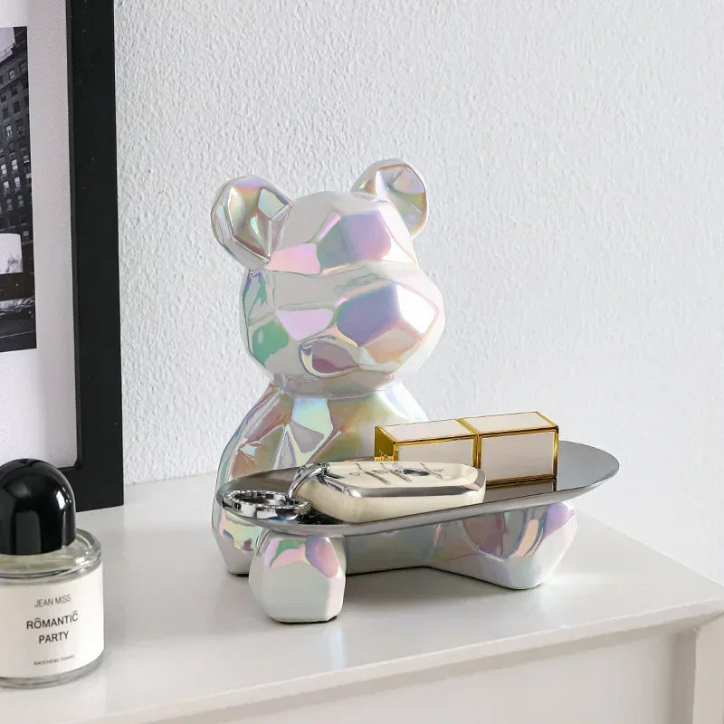 Afralia™ Ceramic Bear Statue with Keys, Cosmetic Tray, Piggy Bank Bookshelf Decoration