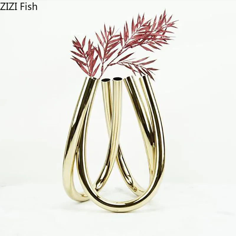 Afralia™ Metal Six-hole Vase Modern Decor Golden Silver Floral Vases Desk Decoration