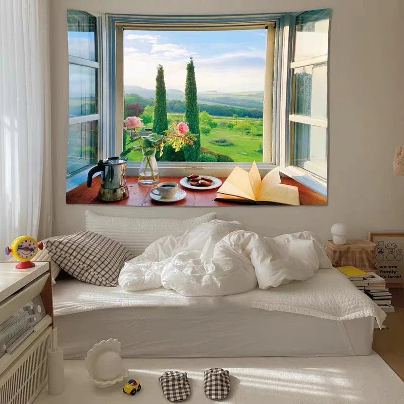 Afralia™ Dreamy Window Scenery Tapestry Wall Hanging for Room Decor