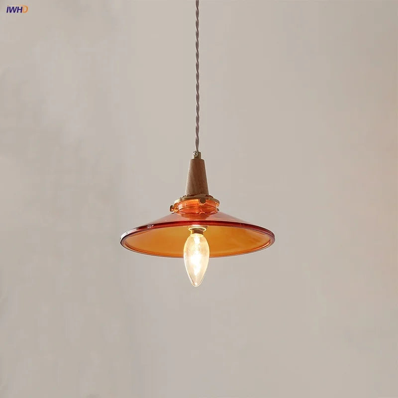 Afralia™ Wood Amber Glass LED Pendant Light Fixture - Nordic Modern Hanging Lamp