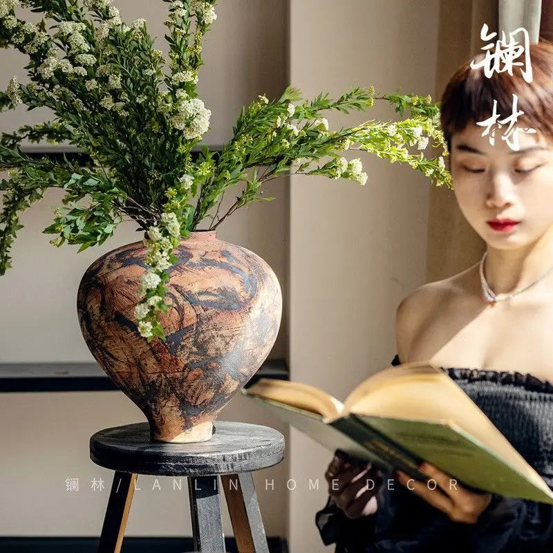 Afralia™ Handmade Ceramic Belly Vase with Floral Ornaments