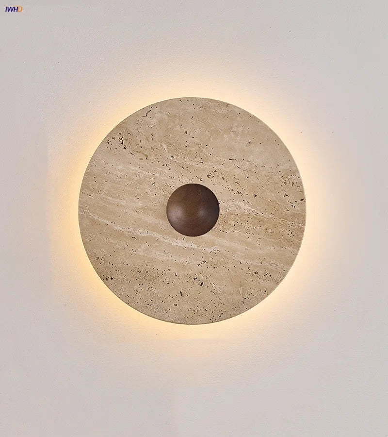 Afralia™ Round Wood LED Wall Lights Sconce for Balcony Staircase, Wabi Sabi Yellow Stone Lamp