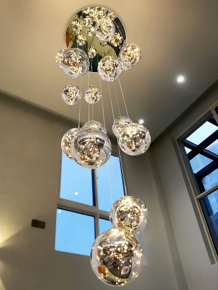 Afralia™ Gold LED Glass Chandelier: Minimalist Round Ball Staircase Lighting Fixtures