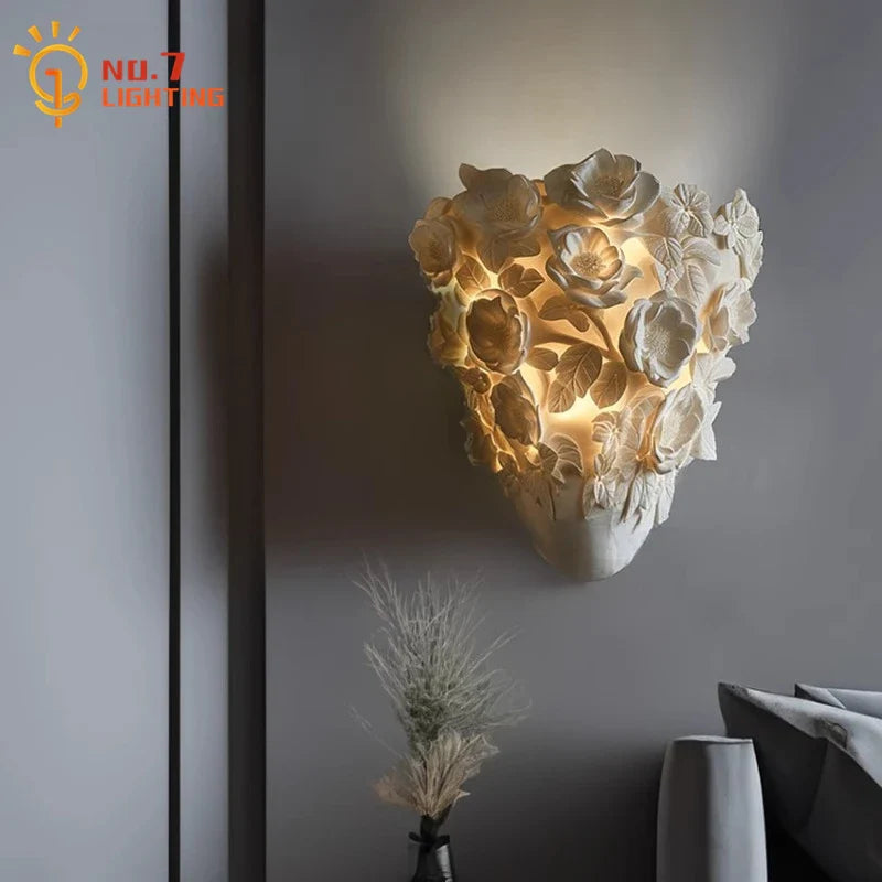 Afralia™ Romantic Carved Flower Wall Lamp LED Resin Wall Sconces for Living Room & Bedroom