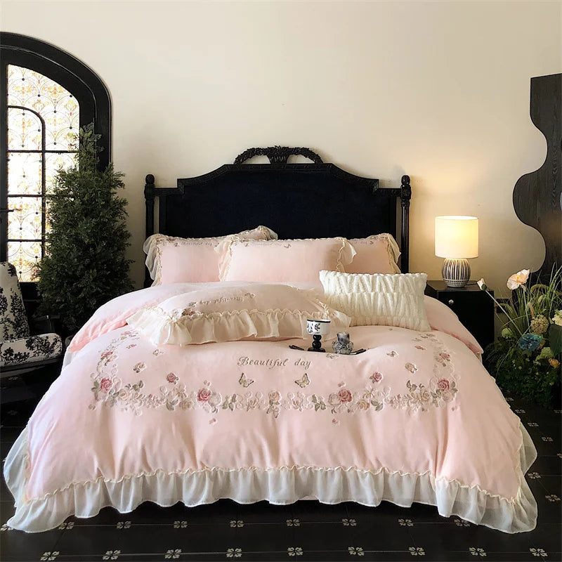 Afralia™ Rose Butterfly Embroidery Velvet Bedding Set with Lace Details