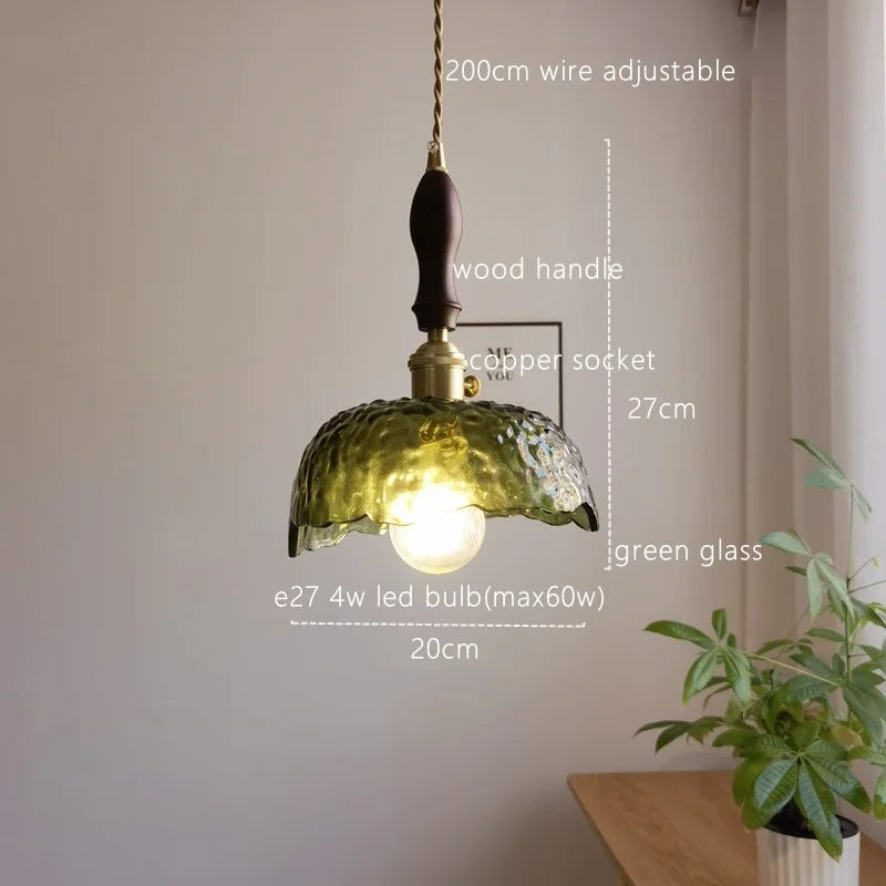 Afralia™ Japanese Style Green Glass LED Pendant Chandelier for Home Decor