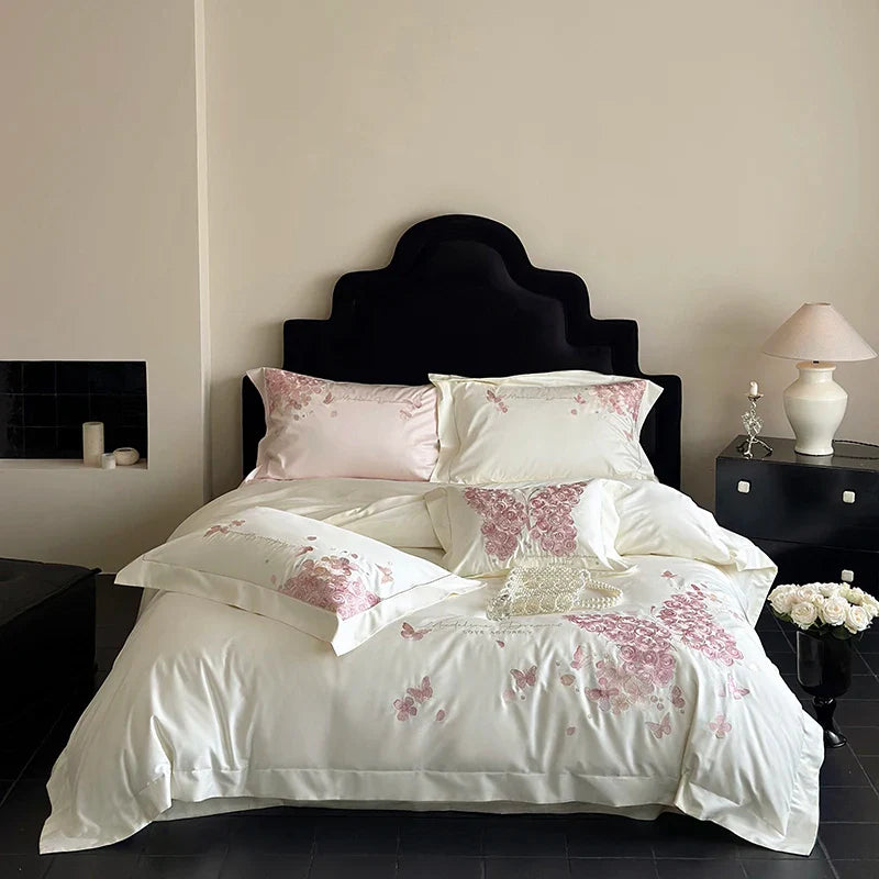 Afralia™ Rose Butterfly Embroidery 1000TC Egyptian Cotton Bedding Set in Cream White