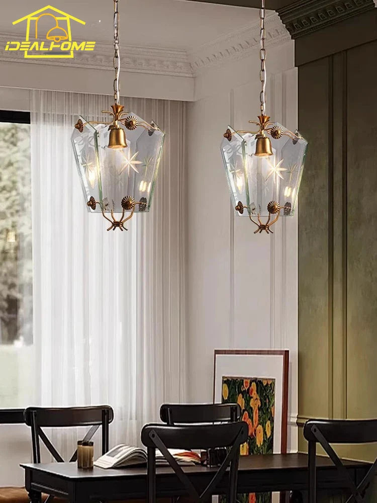 Afralia™ Vintage Glass Petal Chandelier LED Gold Lustre Hanging Lamp