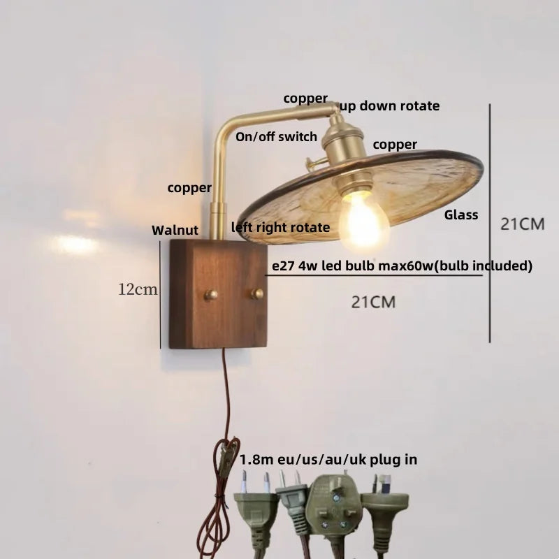 Afralia™ LED Wall Light Walnut Wood Rotate Copper Bedside Lamp