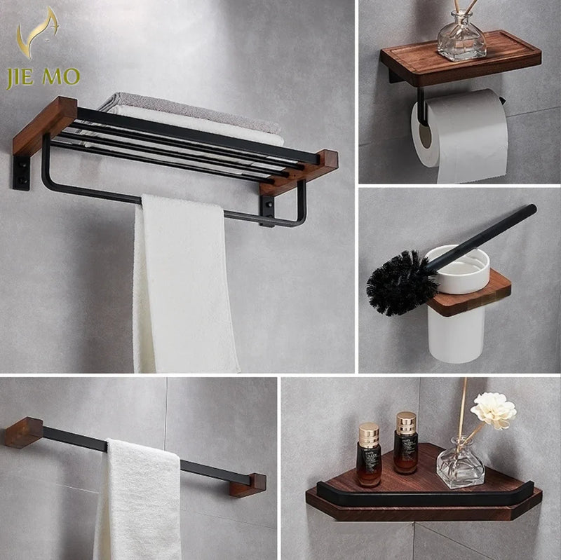 Afralia™ Black Walnut Bathroom Set: Towel Rack, Bar, Shelf, Toilet Paper Holder, Brush Stand