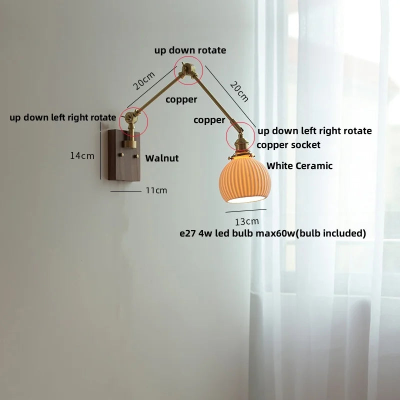 Afralia™ Rotatable 2 Swing Arms LED Wall Lamps, Walnut Wood Nordic Modern Ceramic Stair Light