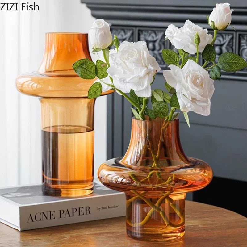 Afralia™ Amber Glass Vase Hydroponics Flower Pots Room Decor Arrangement Floral Vases