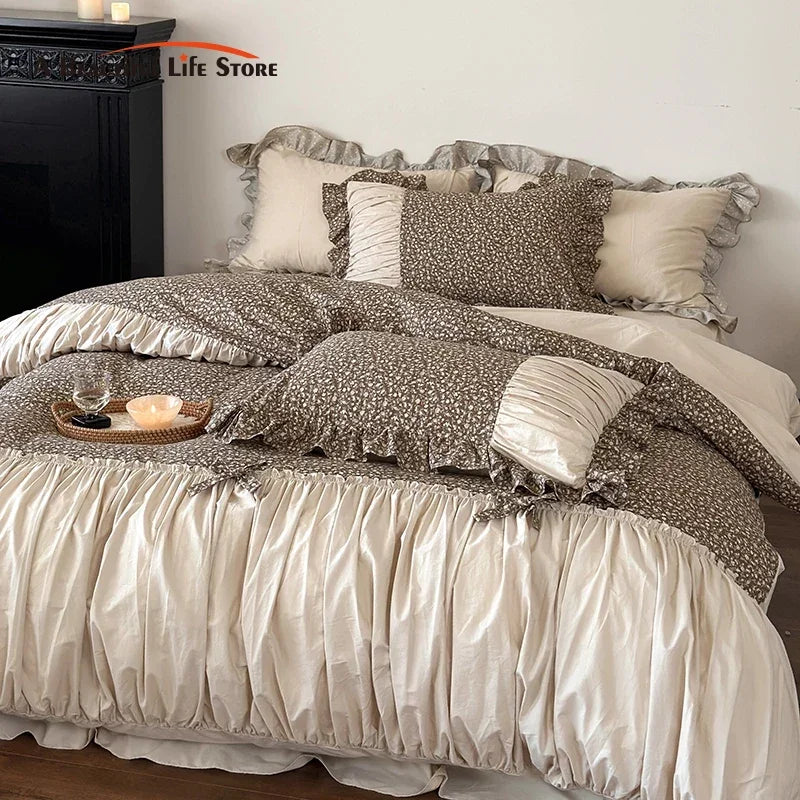 Afralia™ French Floral Washed Cotton Bedding Set, Duvet, Sheet, Pillowcases