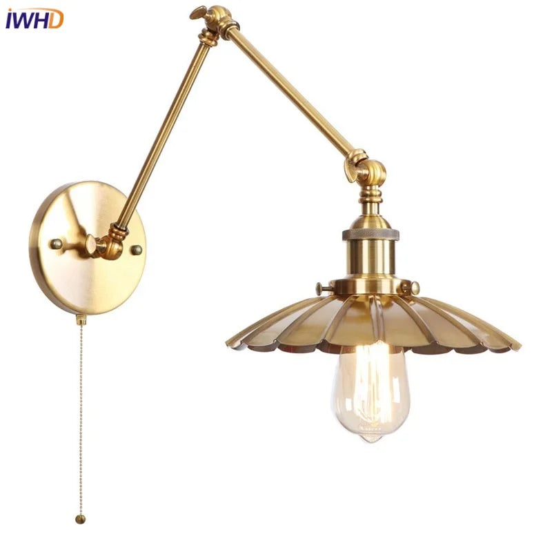 Afralia™ Gold LED Industrial Wall Lamp with Pull Chain Switch