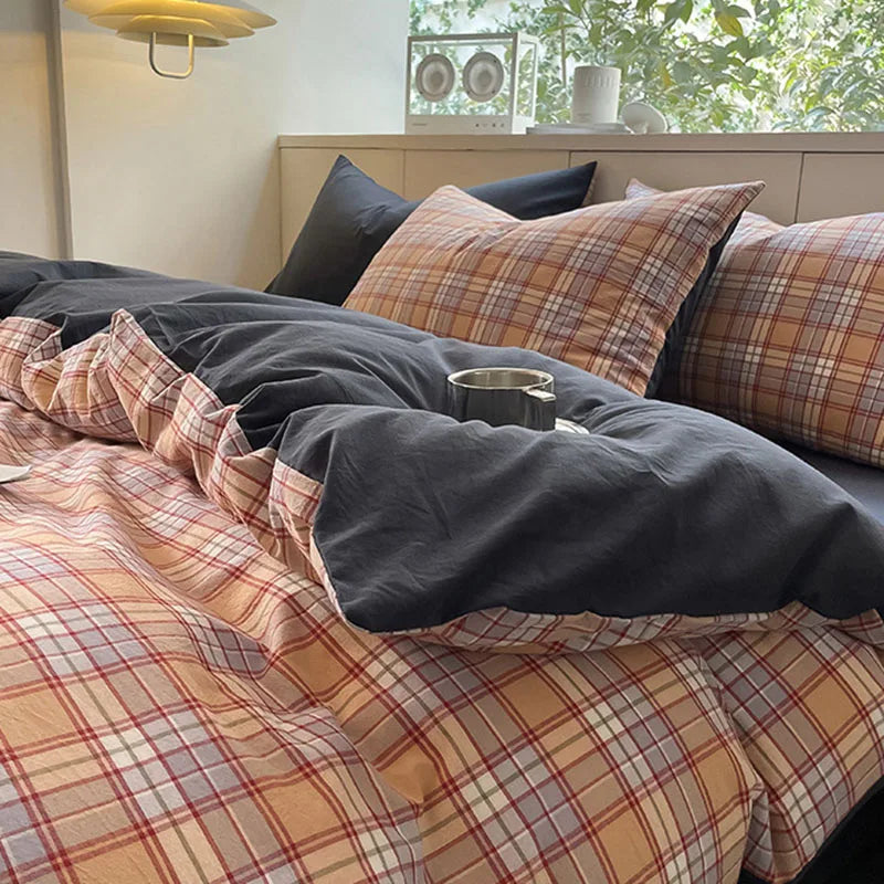 Afralia™ Plaid Cotton Bedding Set: Soft & Cozy Queen Single Fitted Sheet, Quilt Cover, Pillowcase