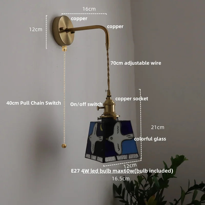 Afralia™ Tiffany Style Peace Dove Glass Wall Sconce LED Lamp with Adjustable Wire and Pull Chain Switch.